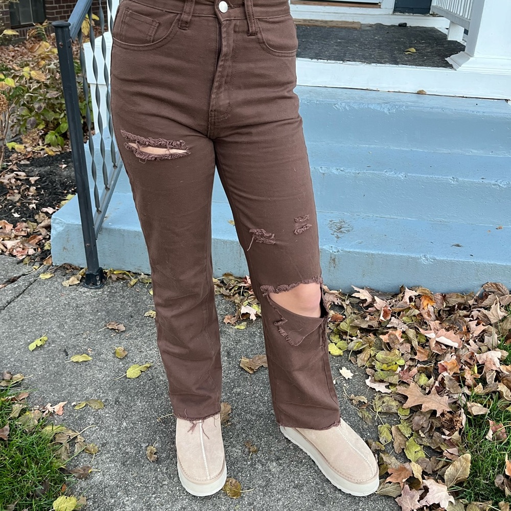 Brown Straight Leg Ripped Jeans